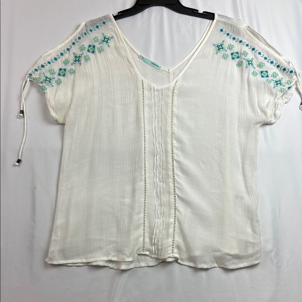 Maurices White V-Neck Embroidered Shoulder Blouse